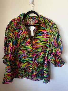 True Destiny Plus Size Multicolor Tropical Print Blouse Puff Sleeve XL NWT